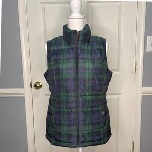 Charter Club Blackwatch Plaid Puffer Vest Women Medium Green Navy Quilted Casual